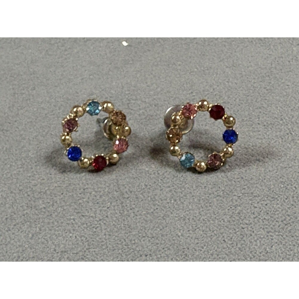 Multi Colored Stone Circle Wreath Gold Tone Pierced Earrings Fashion Jewelry